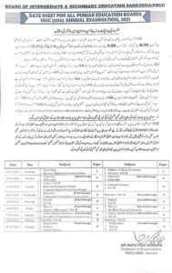 HSSC Part 2 12th Class Date Sheet for all Punjab Boards